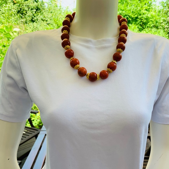 Large size red real Coral balls Necklace & Gold tone real silver Earrings 3 Pc - Picture 16 of 16